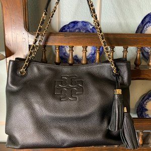 Tory Burch Black pebbled leather Thea Slouchy Chain Tote.